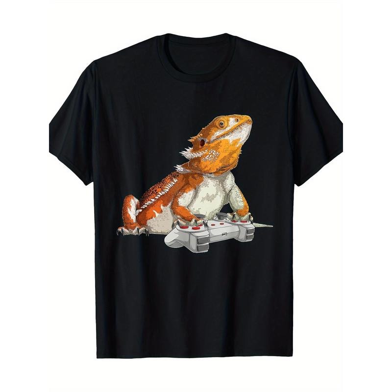 Bearded Dragon Playing Video Games Reptiles Lizard Gamers 220g 100% Cotton T-Shirt made in usa