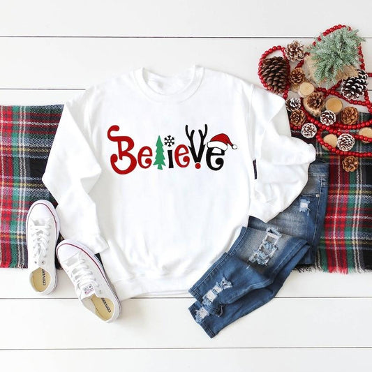 Believe Christmas Shirt - Long Sleeve Cotton T-Shirt with "Believe" Graphic, Ideal for Christmas Parties and Family Gatherings