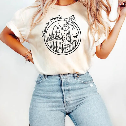 Believe In Magic Tshirt, Dragon Tshirt, Magical School Tee, Wizarding School Shirt, HP School Tshirt, Magic Dragon Tshirt Top Womenswear