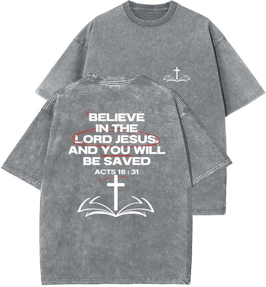 Believe In The Lord Jesus Unisex Washed T-Shirt, Christian Tshirts, Vintage 90s Graphic Tee, Gift Top Womenswear Cotton Miniral Color
