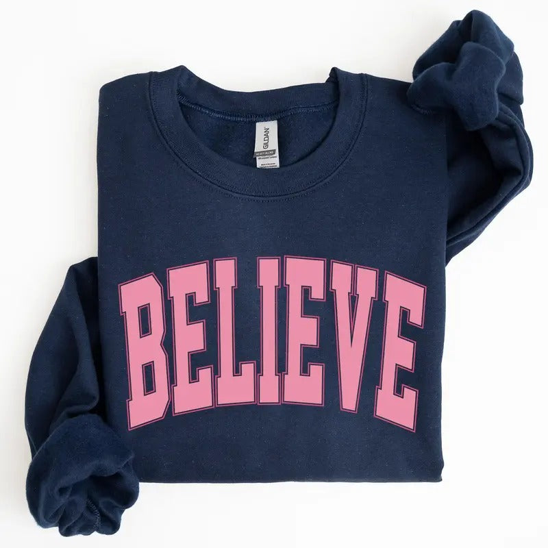 Believe, Varsity, Collegiate, Christmas, Santa, Winter, Xmas Sweatshirt, Women's Crew Neck, Crewneck