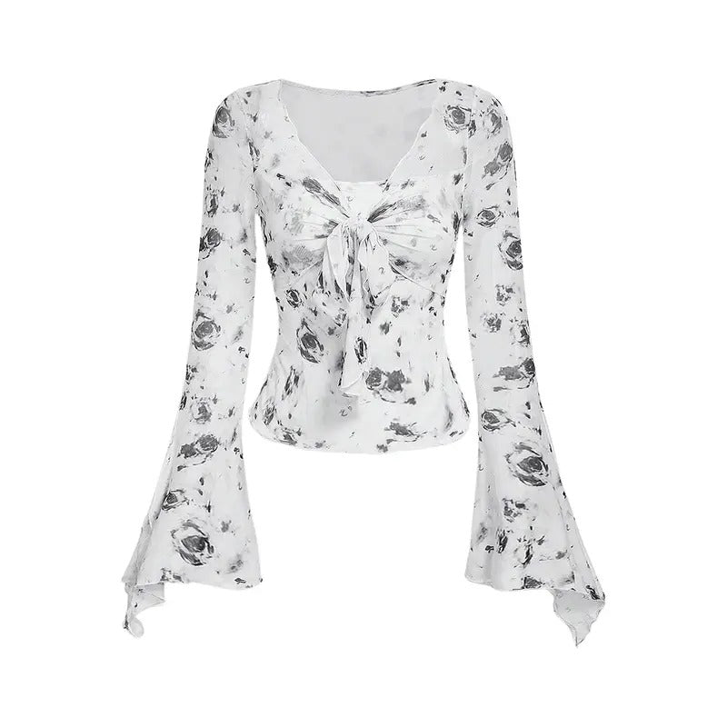 Bell Long Sleeve Floral Print Mesh Tie Front Lettuce Trim Tee Shirt Top