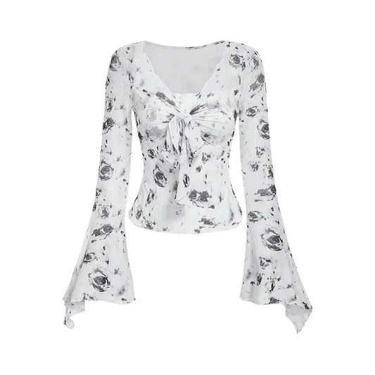 Bell Long Sleeve Floral Print Mesh Tie Front Lettuce Trim Tee Shirt Top