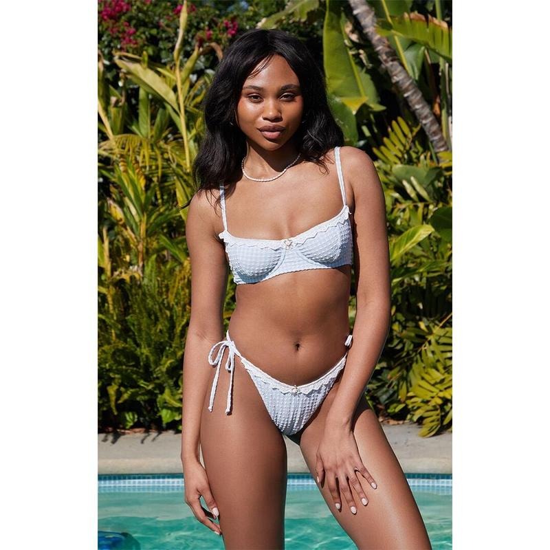 Beverly and Beck Women's Carson Gingham Textured V Tie Side Bikini Bottom