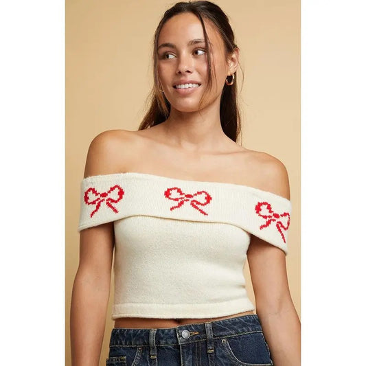 Beverly and Beck Women's Julienne Off-The-Shoulder Bow Sweater Top