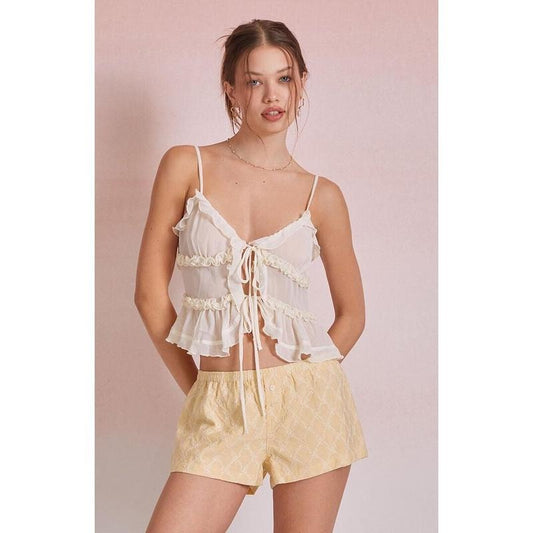 Beverly and Beck Women's Mariah Ruffle Tie Front Top