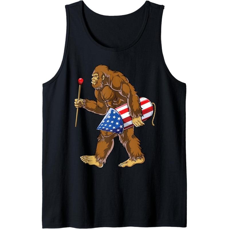 Bigfoot Fireworks 4th of July Men Sasquatch American Flag US Tank Top made in usa