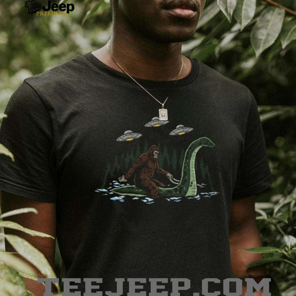 Bigfoot Riding Loch Ness Monster with UFOs Fantasy T Shirt