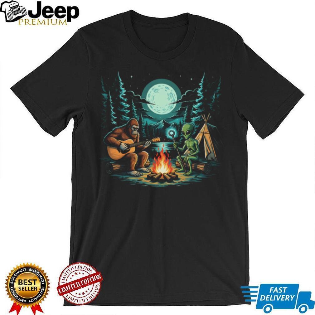 Bigfoot and Alien Camping Campfire Guitar Night Forest T Shirt