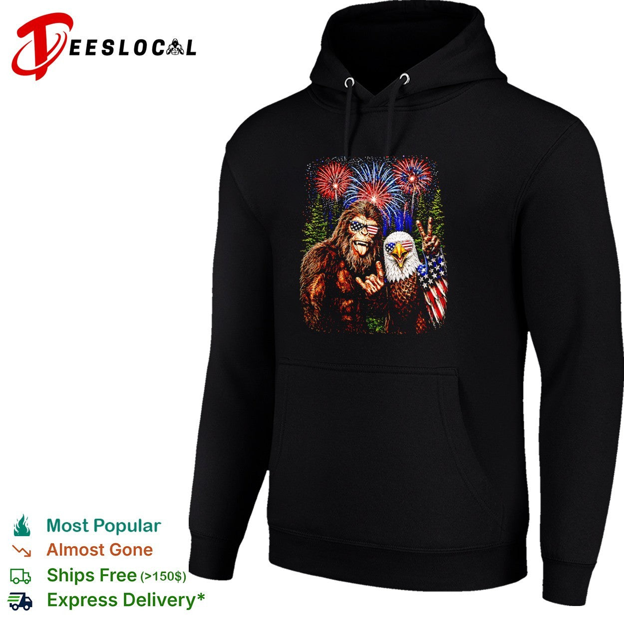 Bigfoot and bald eagle wearing USA sunglasses fireworks shirt