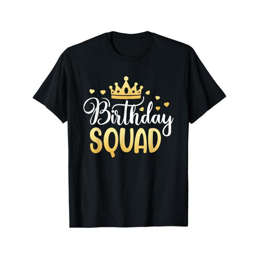 Birthday Squad Crew Neck T-Shirt, 100% Cotton, Medium Stretch, Geometric Pattern, Regular Fit, Short Sleeve, Knit Fabric, for Adults, All-Season, Daily & Casual Wear Made in USA