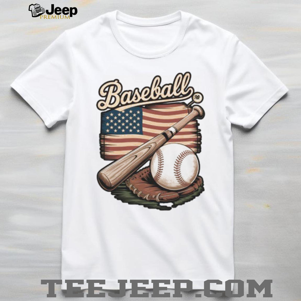 Vintage American Flag Baseball Glove and Bat Sports Graphic T Shirt