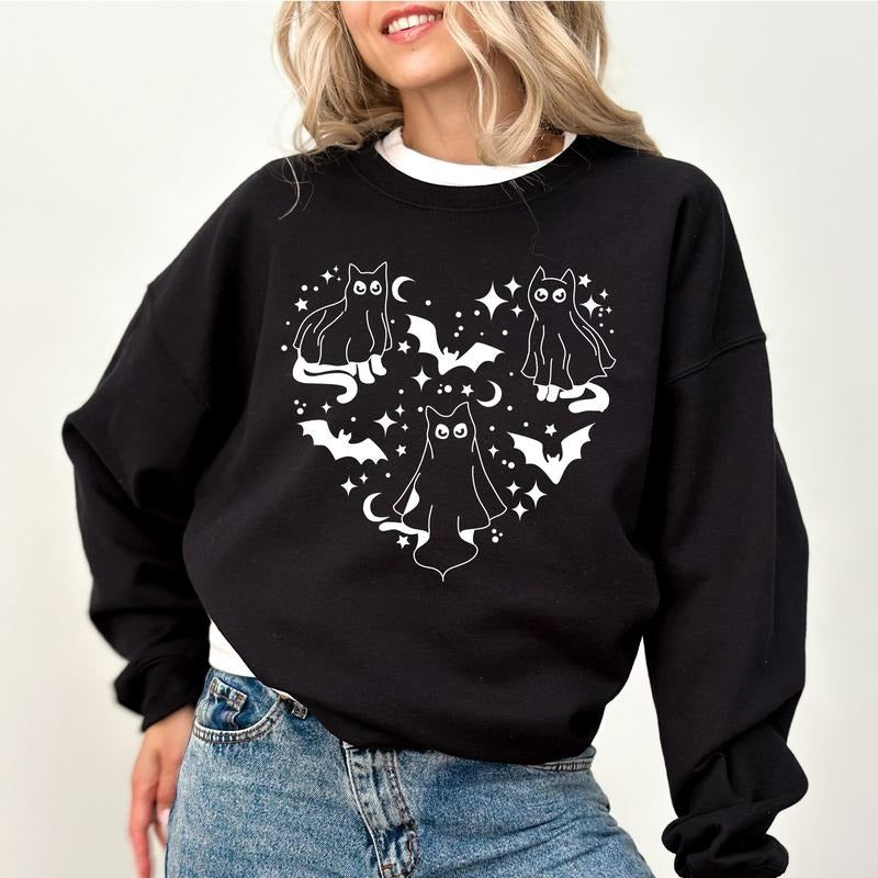 Black Cat Halloween Dog Sweatshirt, Funny Cat Ghost Halloween Sweater, Spooky Season Apparel, Cat Lover Crewneck, Halloween Pullover, Spooky Vibes Pullover, Halloween Party Sweatshirt, Women's Top, Womenswear, Soft Fabric Sweatshirt