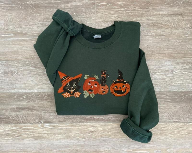 Black Cat Halloween Sweatshirt, Vintage Halloween Pumpkin Sweater, Halloween Cat Shirt, Cat Lover Shirt, Black Cat Shirt, Spooky Season Shirt, Halloween Gift Shirt