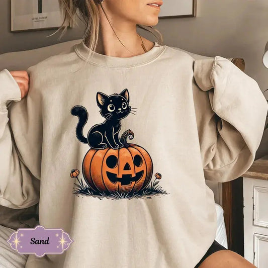 Black Cat Pumpkin Sweatshirt, Halloween Season Hoodie, Graphic Black Cat Halloween Hoodie, Vintage Halloween Hoodie,...