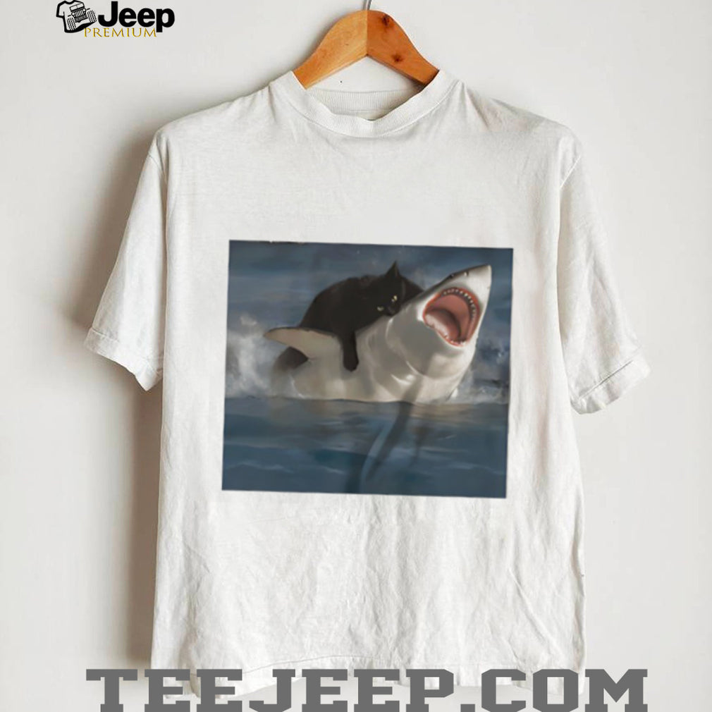 Black Cat Riding Great White Shark Funny Graphic T Shirt