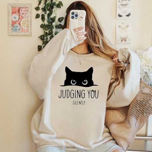 Black Cat Sweatshirt, Judging You Silently Sweater, Cute Cat Shirt, Cat Peeking Shirt, Womens Funny Sweatshirt, Gifts For Cats Lover, Cat Mom Shirt