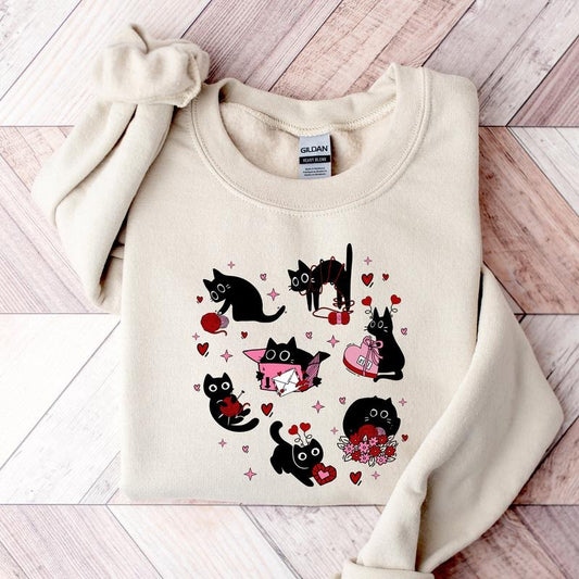 Black Cat Valentine Sweatshirt , Cat Valentines Day Sweatshirt , Cat Mom Valentines Tee, Pet Valentine Sweatshirt, Black Cat Gift, Valentines Sweatshirt, Gifts For Her, Long Sleeve Crewneck Shirt, Valentines Presents, Gifts For Valentines Day Fit Unisex