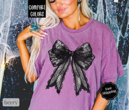 Black Lace Bow Shirt Comfort Colors, Coquette Halloween Tshirt for Women,  October Vibes Shirt Oversized Crewneck Tee