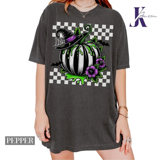 Black and White Pumpkin Sweatshirt, Halloween Black and White Pumpkin Comfort Colors Shirt, Halloween WIzard Shirt, Retro Checkerboard Halloween T-Shirt, Halloween Pumpkin Shirt