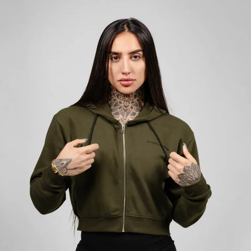 Minimalist Women's Cropped Zip-Up Hoodie - OD Green/Black for Gym or Casual Wear Soft Womenswear T-Shirts, Sweatshirt