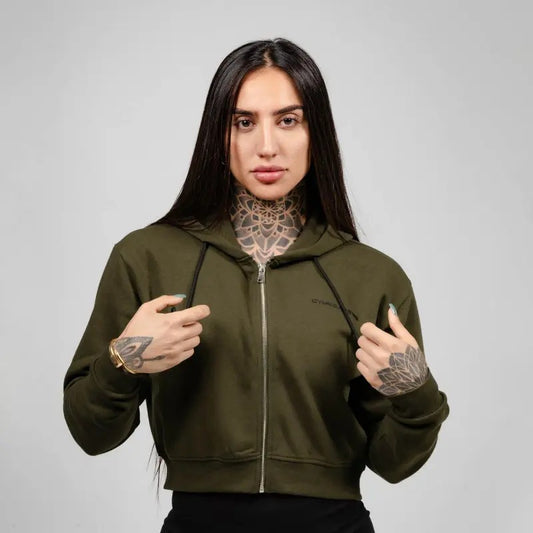 Minimalist Women's Cropped Zip-Up Hoodie - OD Green/Black for Gym or Casual Wear Soft Womenswear T-Shirts, Sweatshirt