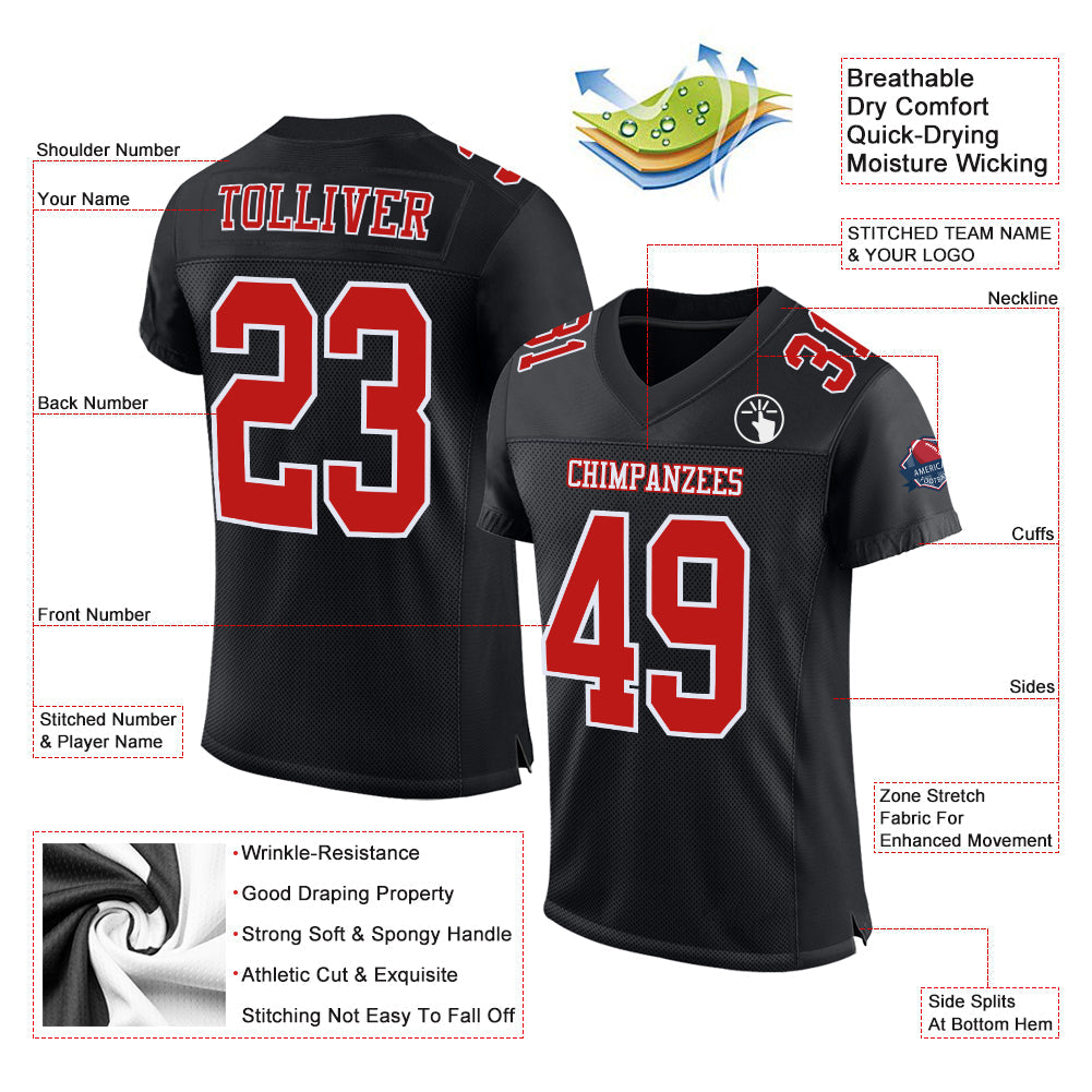 Custom Black Fire Red-White Mesh Authentic Football Jersey T-Shirts, Hoodie, Sweatshirt | WearSparks.com (Image 2)