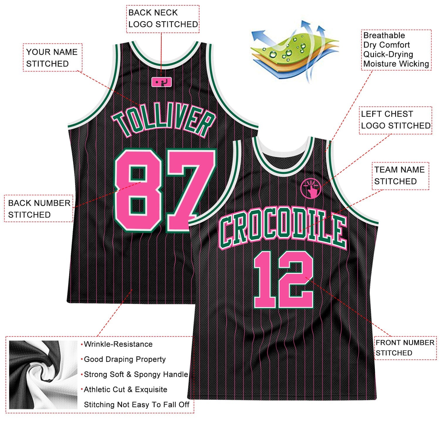 Custom Black Pink Pinstripe Pink-Kelly Green Authentic Basketball Jersey T-Shirts, Hoodie, Sweatshirt (Image 2)