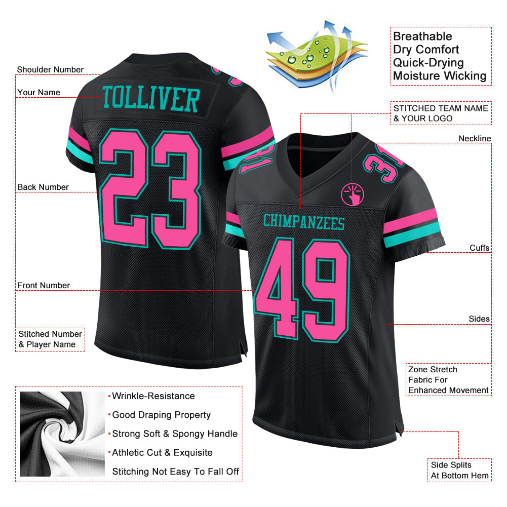 Custom Black Pink-Aqua Mesh Authentic Football Jersey T-Shirts, Hoodie, Sweatshirt | WearSparks.com (Image 2)