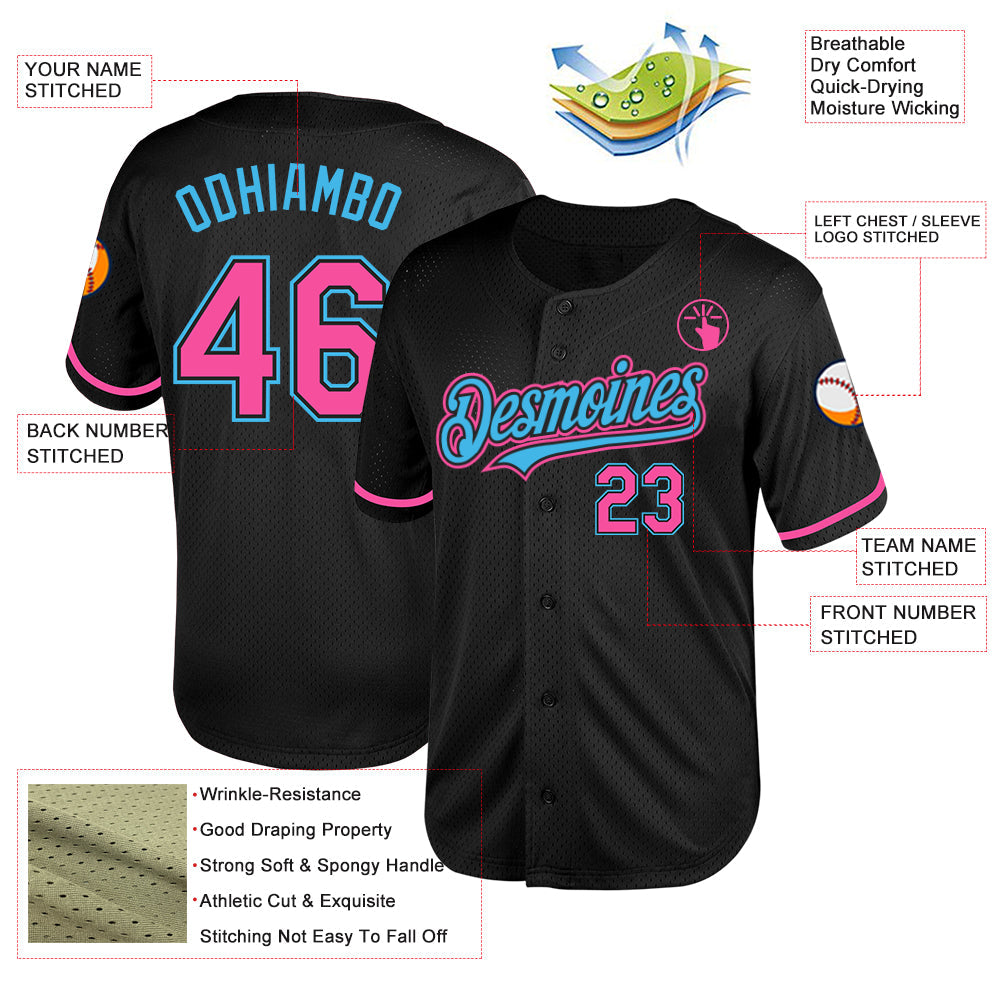 Custom Black Pink-Sky Blue Mesh Authentic Throwback Baseball Jersey T-Shirts, Hoodie, Sweatshirt | WearSparks.com (Image 3)