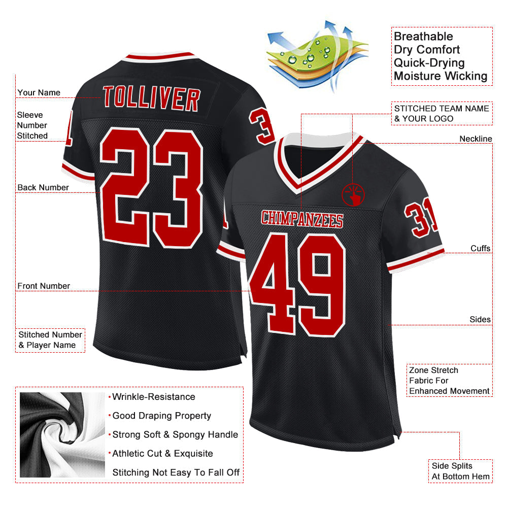 Custom Black Red-White Mesh Authentic Throwback Football Jersey T-Shirts, Hoodie, Sweatshirt | WearSparks.com (Image 2)