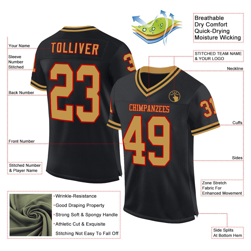 Custom Black Old Gold-Red Mesh Authentic Throwback Football Jersey T-Shirts, Hoodie, Sweatshirt | WearSparks.com (Image 2)