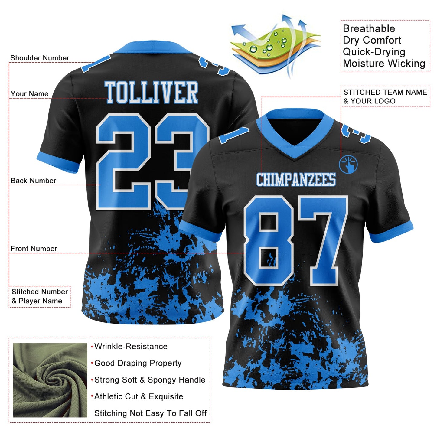 Custom Black Powder Blue-White 3D Pattern Splash Authentic Football Jersey T-Shirts, Hoodie, Sweatshirt (Image 3)