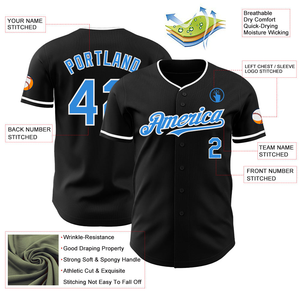 Custom Black Electric Blue-White Authentic Baseball Jersey