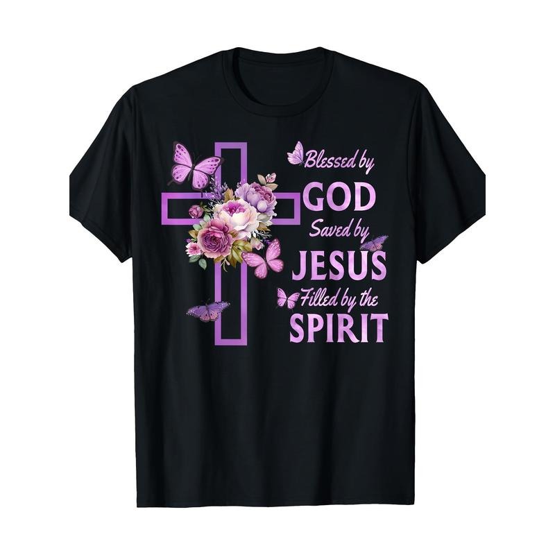 Blessed By God Saved By Jesus Purple Floral Cross Christian Cotton T-Shirt Made in USA