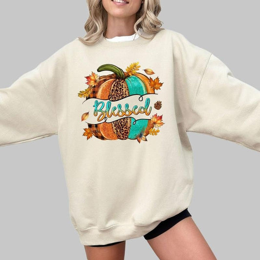 Blessed Pumpkin Shirt, Fall Vibes Sweatshirt, Fall Pumpkin T-Shirt, Autumn Comfort Tee, Western Pumpkin Sweatshirt, Fall Shirt For Girl, Gifts For Her, Leopard Pumpkin, Thanksgving Sweatshirt