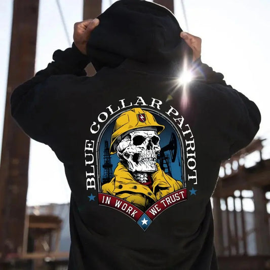 Blue Colar Patriot In Work We Trust Yellow Skeleton Back Side Printed T-shirt - Crewneck Sweatshirt - Hoodie, Dirty Hands Honest Money Howitzer Patriot Streetwear, Workwear