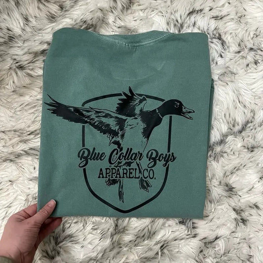 Blue Collar Boys Flying Duck - Comfort Color - Blue Spruce Short Sleeve Shirt - Screen Print