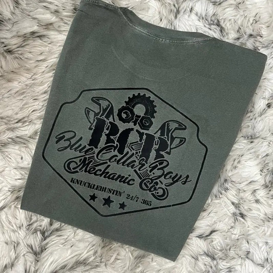 Blue Collar Boys Mechanic Co. Shirt - Comfort Color - Moss - Screen Print