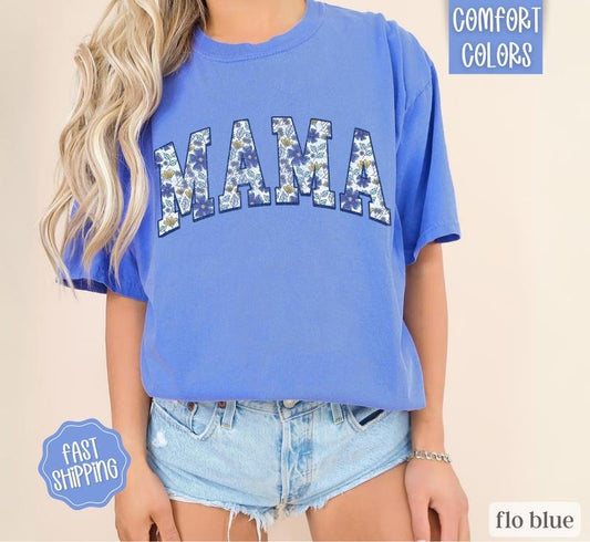 Blue Floral Mama Shirt Comfort Colors, Mother's Day Gift for Mom, Mama Varsity Letters Shirt, Cute Mom Shirt, Oversized Mama Tshirt