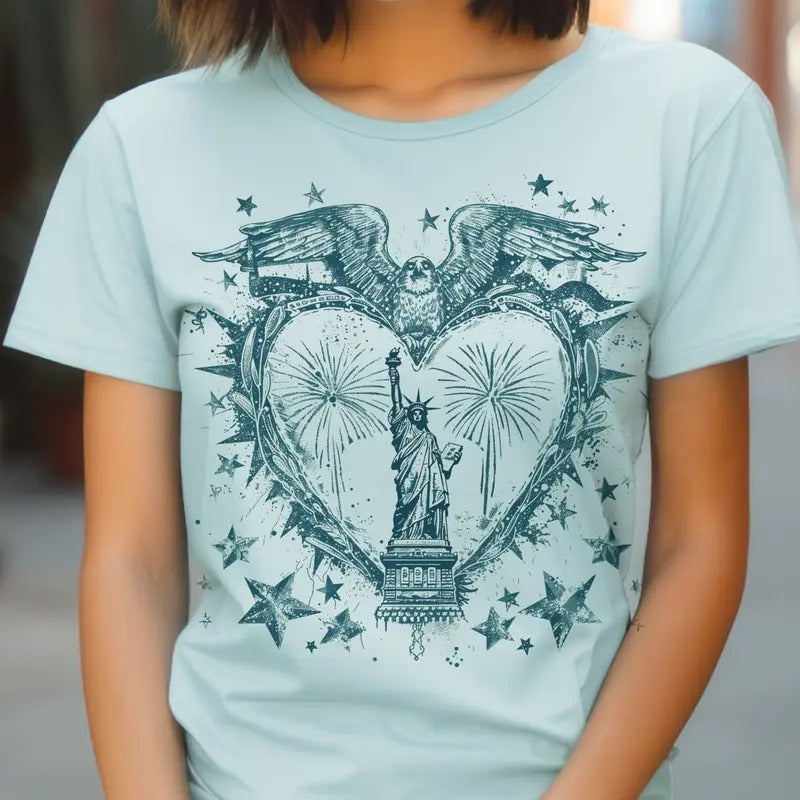 Blue Heart Patriotic Graphic Tee Eagle Statue of Liberty Tshirt 4th of July Independence Graphic T-shirt Casual Women's...