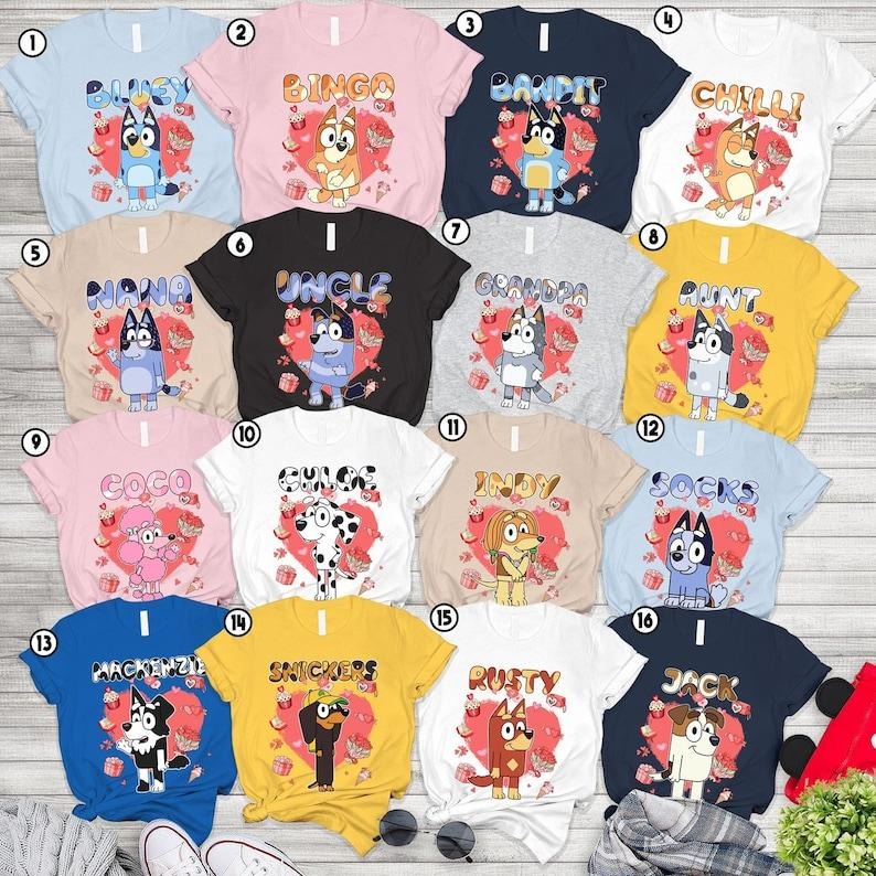 Bluey Dad Mum Couple Tshirt, Couple Matching Family Shirt, Buey Heeler Xmas Decoration, Valentine Gift, Bluey Valentine Shirt 2024, Bluey Custom Shirt