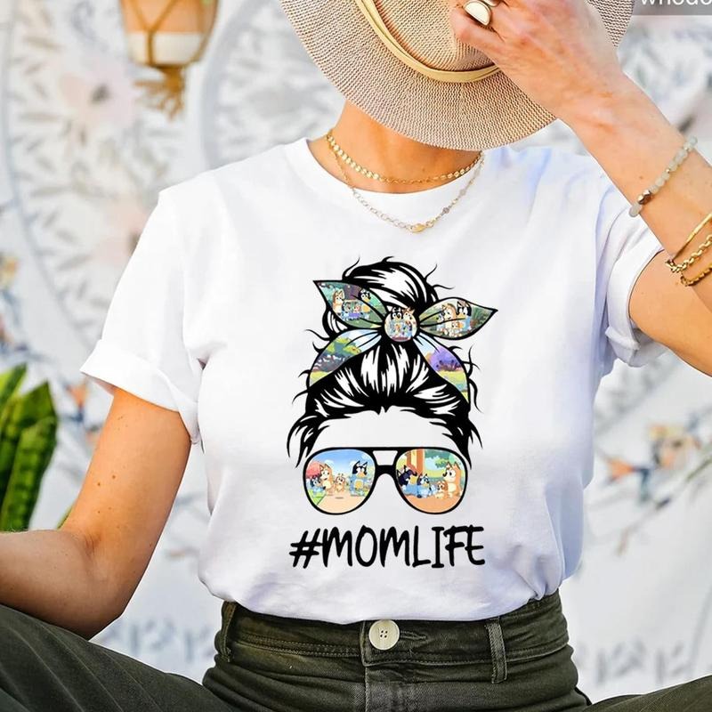 Bluey Mom Life Shirt, Mom Sweatshirt, Bluey Mother's Day Messy Bun Mom with Bluey Hair Tie and Sunglasses Shirt, Bluey Mama Shirt