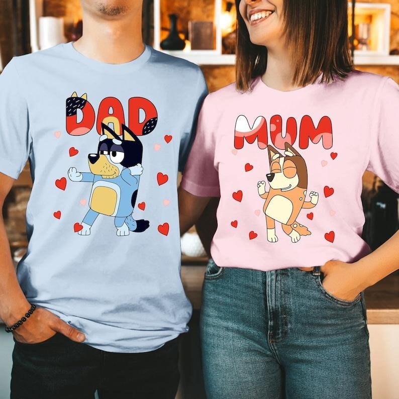 Bluey Mum Dad Valentine Shirts, Bluey Family Shirts, Family Matching Shirts, Bandit Heeler Shirt, Bluey Birthday Tee Bandit Chili Bingo