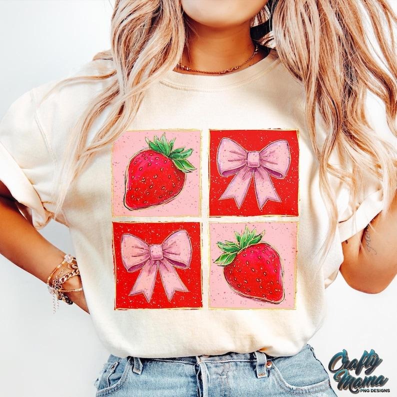 Boho Coquette Strawberry Preppy Summer Pink Coquette Bow Retro Summer Shirt Boho Strawberry Trendy Summer T-Shirt Hoodie,...