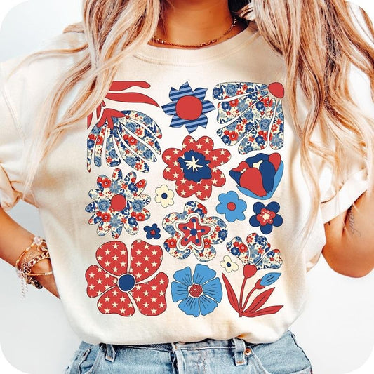 Boho Floral 4th Of July tshirt, Preppy Patriotic Floral shirt, Fourth Of July tshirt, America shirt, Memorial Day shirt, Girly USA shirt, Independence Day, women's shirts, Gift for Mom, Menswear Top, women top, Gift For menswear