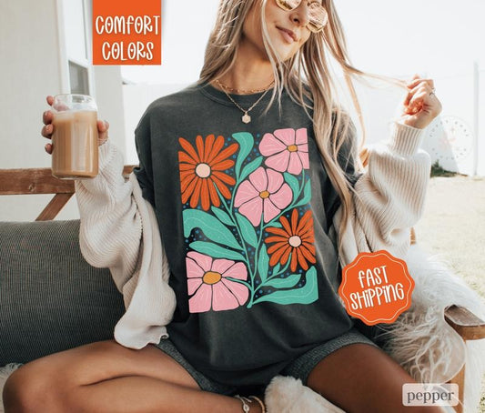 Boho Floral 6 Shirt Comfort Colors, Wildflower Tshirt, Boho Tee, Oversized Women's Shirt, Floral Abstract Tee