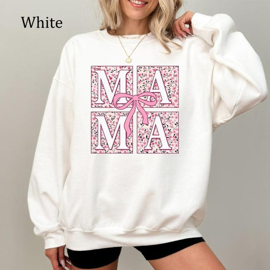 Boho Floral Mama Coquette Bow Sweatshirt, Chinoiserie Mama Bow Shirt, Cherry Blossom Mama Crewneck, Cute Aesthetic Mother's Day Gift, Cozy Fleece Sweatshirt, Everyday Casual Comfort