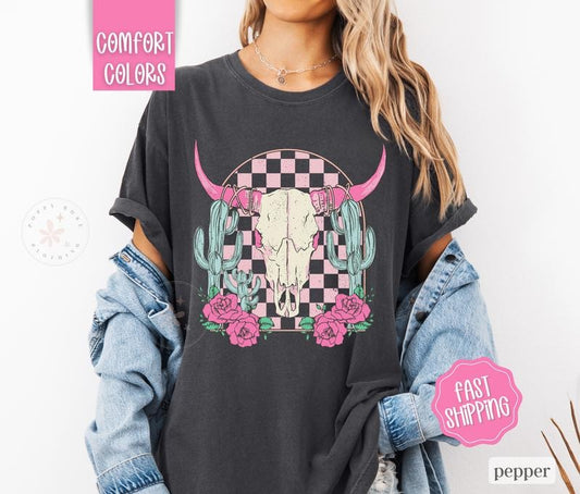 Boho Floral Skull Shirt Comfort Colors, Desert Cow Floral Tshirt, Western Shirts