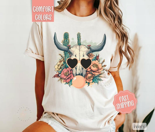 Boho Floral Skull Shirt Comfort Colors, Desert Cow Floral Tshirt, Western Shirtsstyle{n002}2